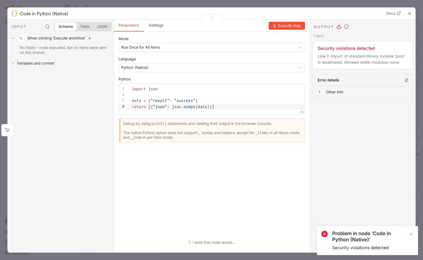 Erreur import stdlib json dans N8N 2.0