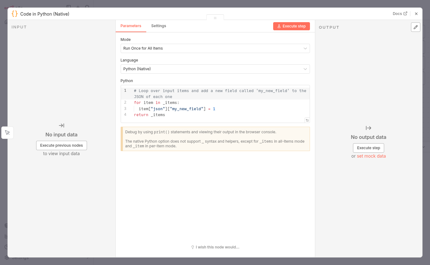 Code Python corrigé avec le message d'aide N8N 2.0