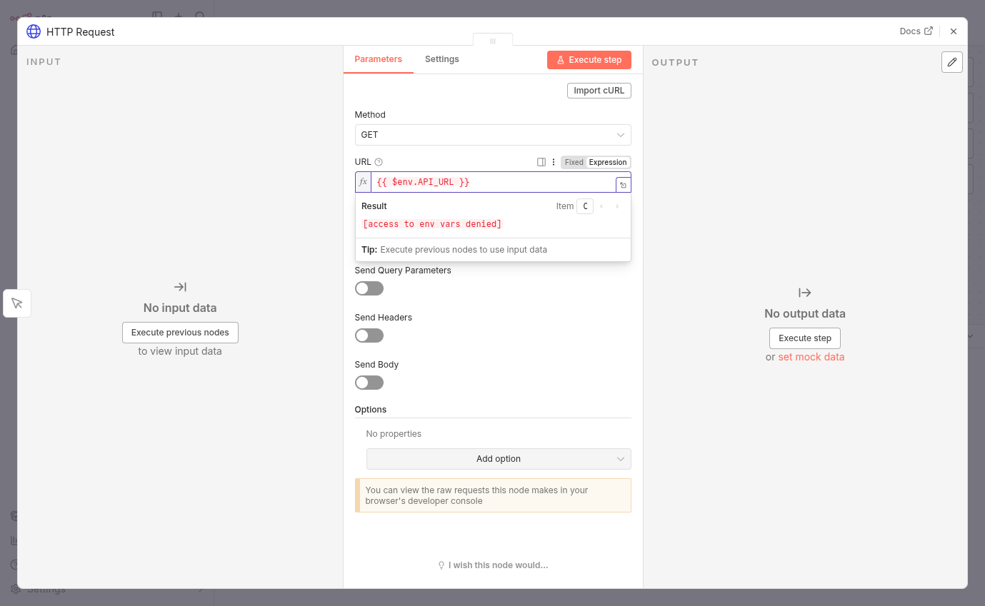 Erreur access to env vars denied dans N8N 2.0