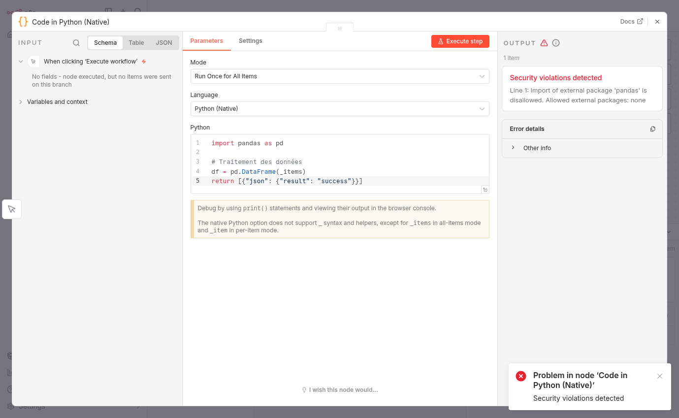Erreur Import not allowed dans N8N 2.0