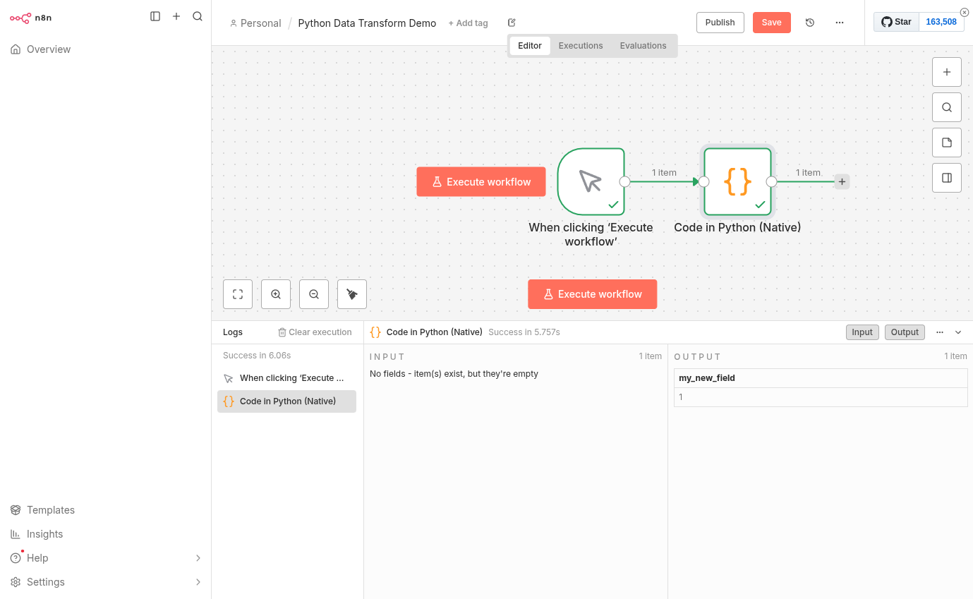 Exécution réussie du workflow N8N après correction du code Python